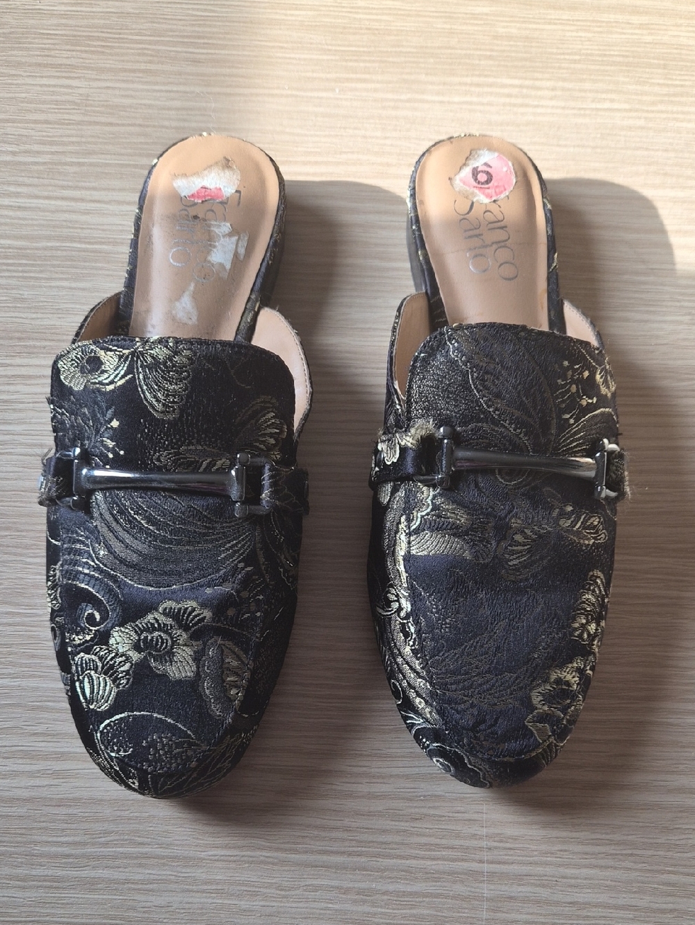 Franco Sarto Black & Gold Brocade Mule Loafers